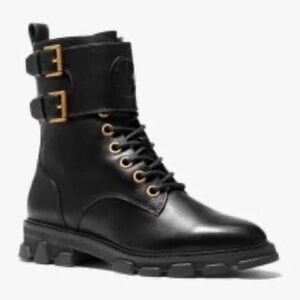Black Leather Combat Boots with Gold Buckles
